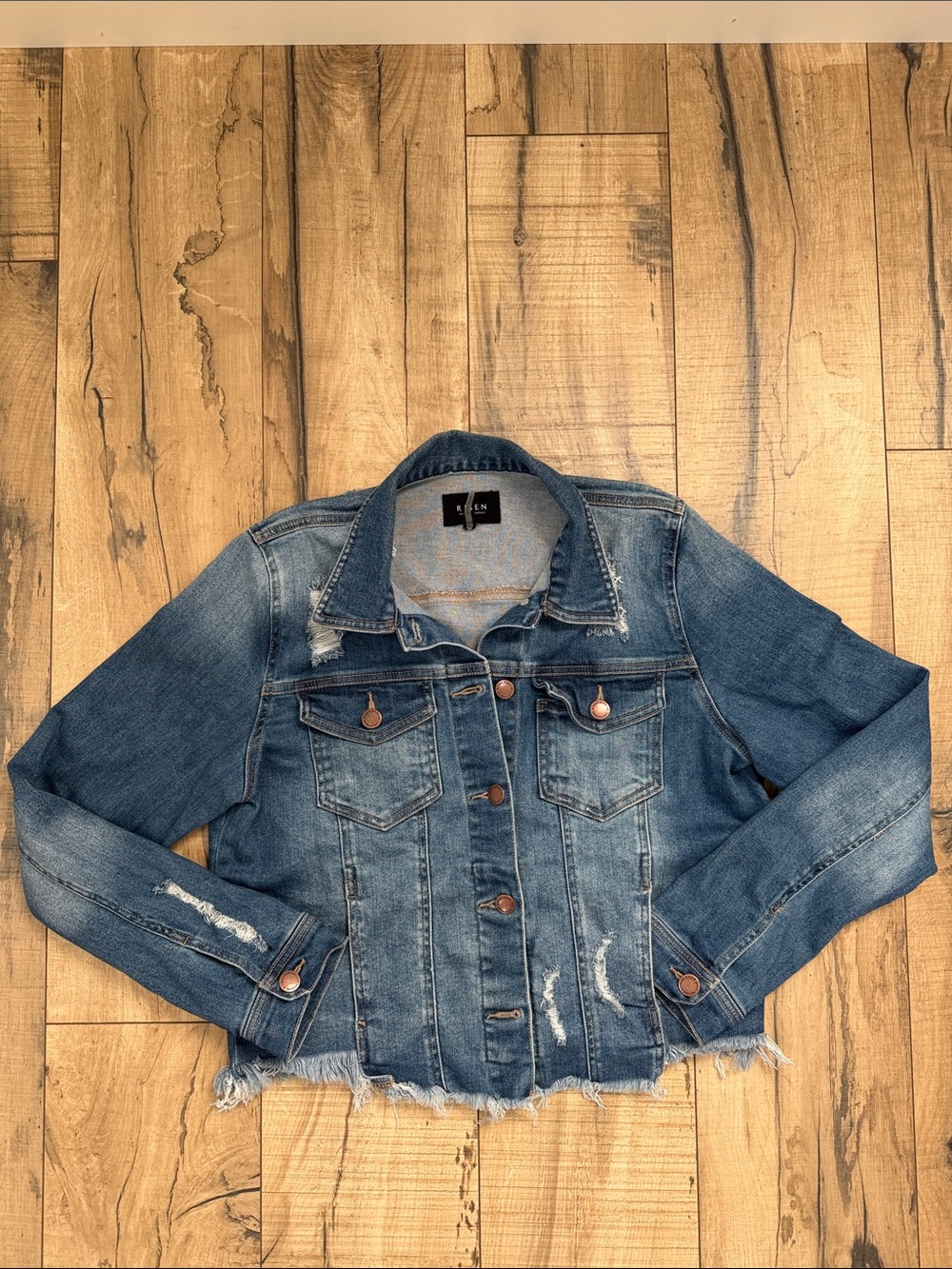 Women's Distressed Blue Denim Jean Jacket - Casual Cropped Style